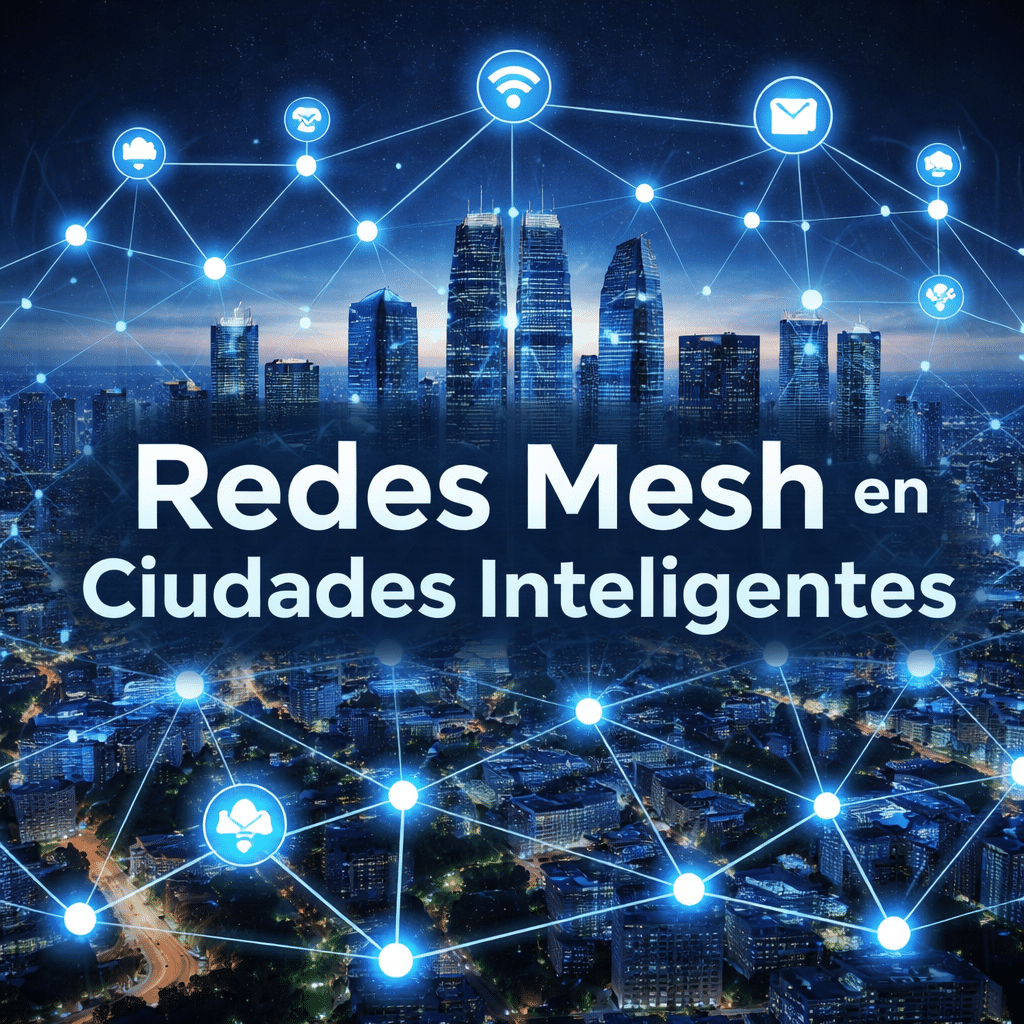 imagen futurista en una ciudad con el titulo de redes mesh en grande