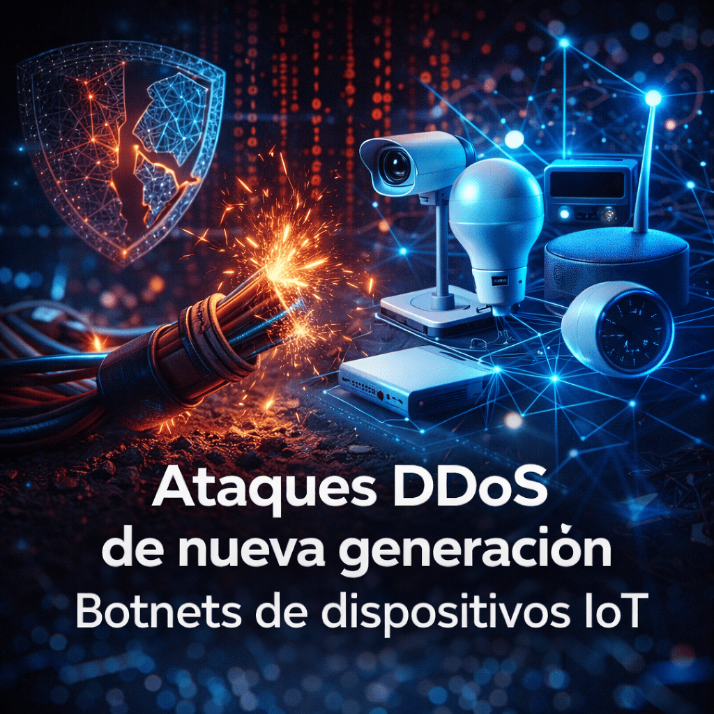 Imagen de un escudo roto y dispositivos IoT con el título de Ataques DDoS